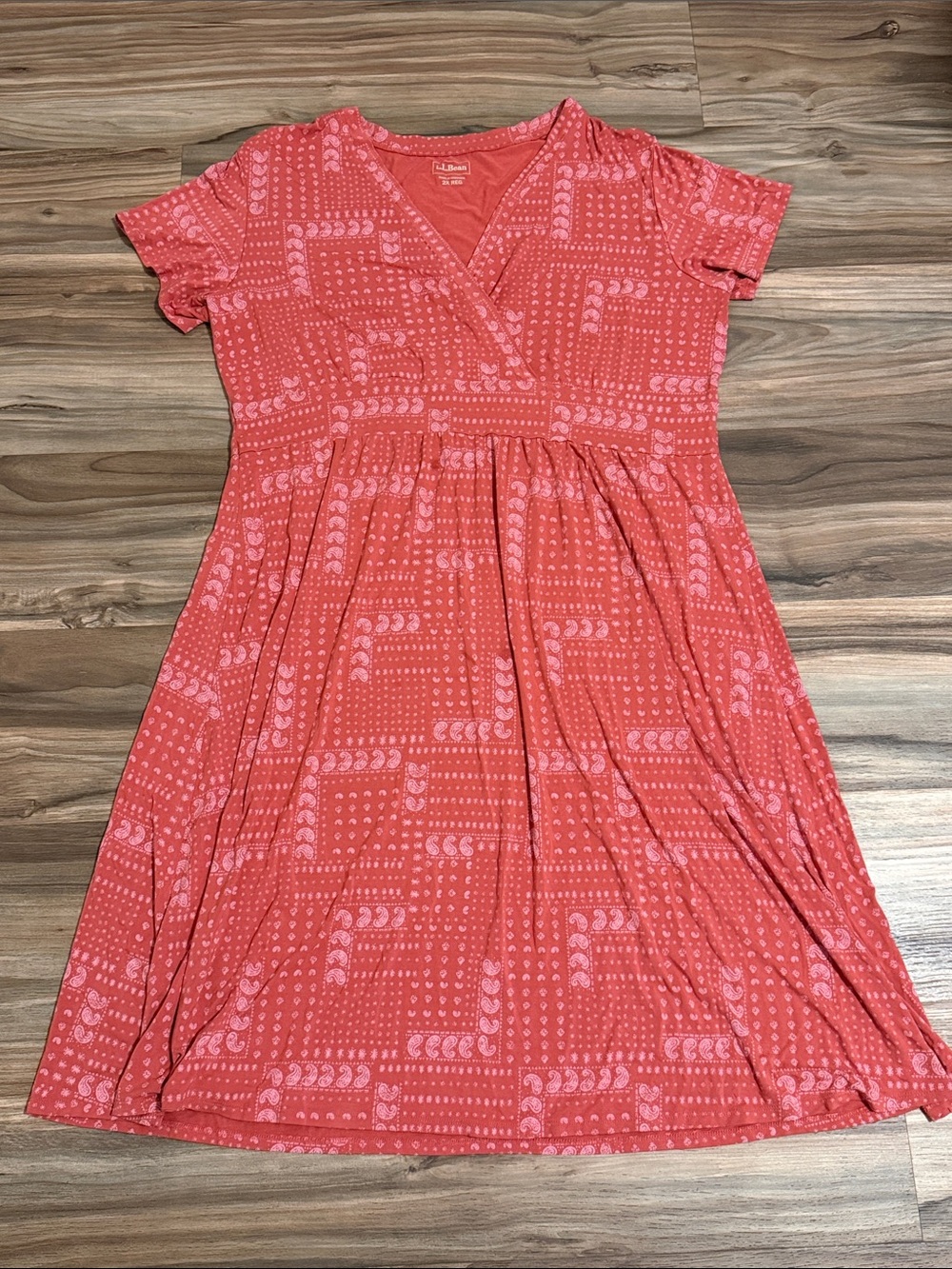 L.L.Bean Paisley Bandana Print Faux Wrap Midi Dress Women 2X Coral S/S Stretch